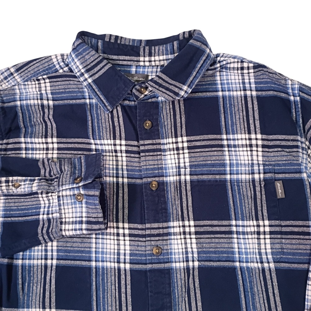 Eddie Bauer Mens Blue White Plaid Cotton Flannel Button Down Shirt XL